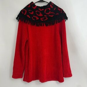 Vintage 80s Victoria Harbour Red Winter Sweater w/  Fringed Collar /Shawl Size M